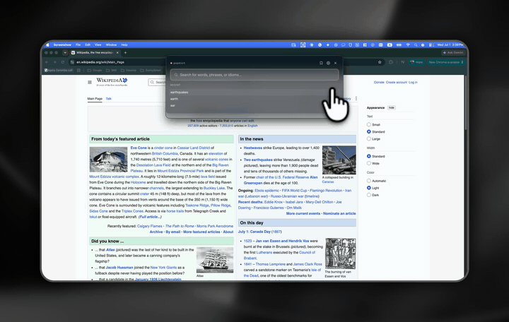 PopDict popup searching for a word while floating over a browser page
